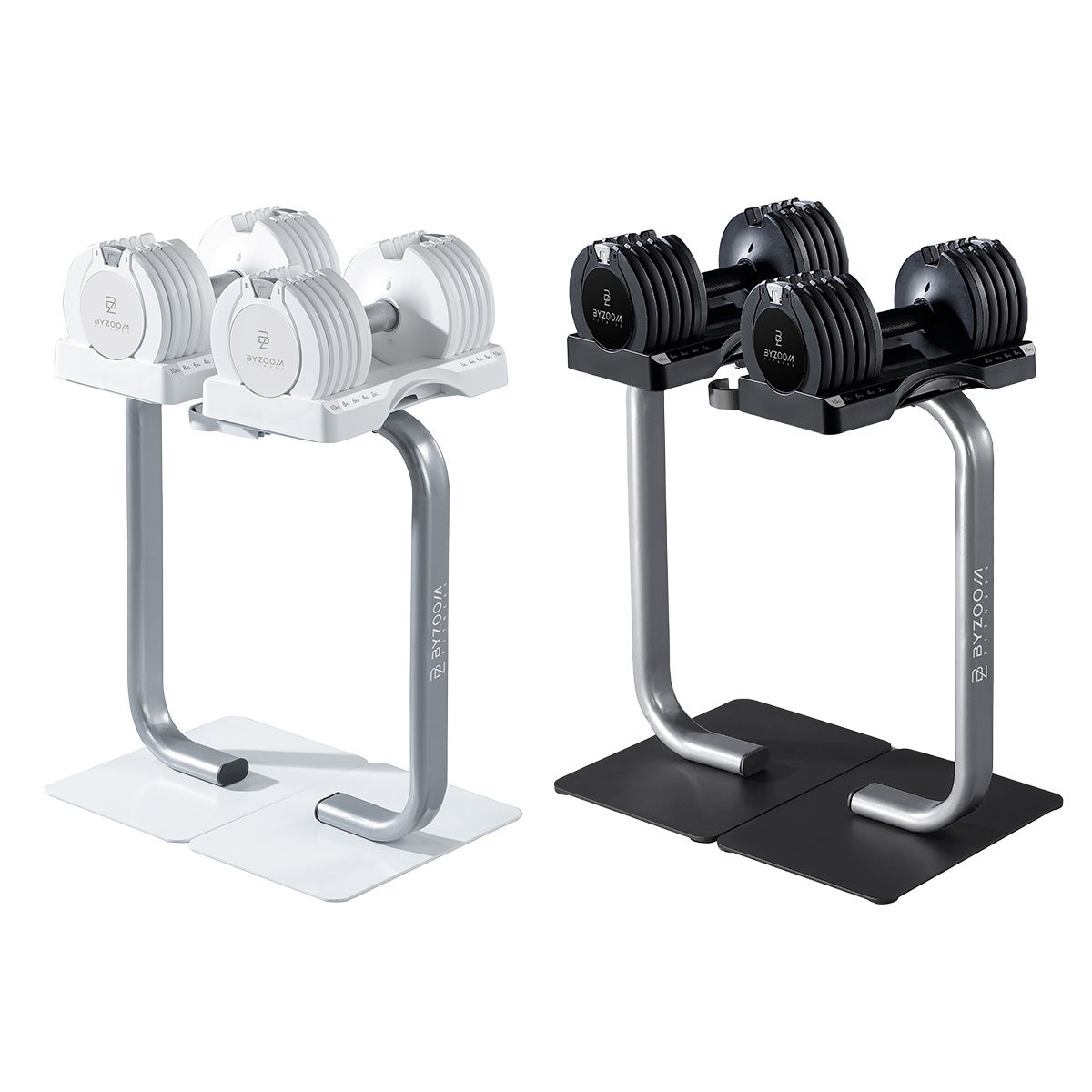 BYZOOM PureSeries 可変式ダンベル 10kg ホワイトとブラックを専用スタンドにのせた状態