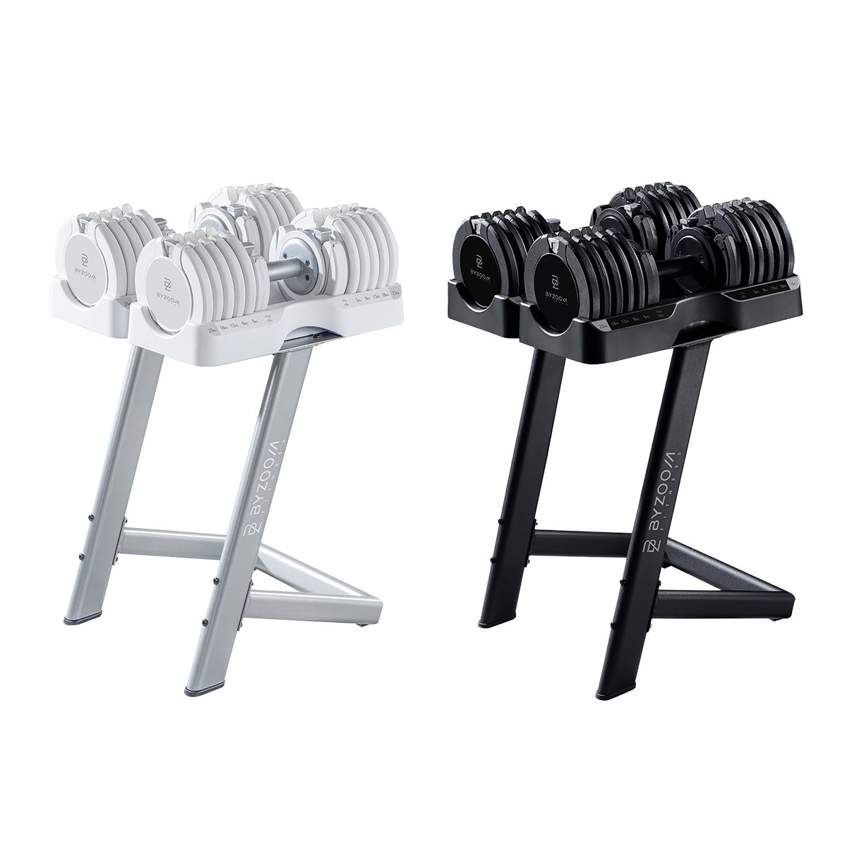 BYZOOM PureSeries 可変式ダンベル 25kg ホワイトとブラックを専用スタンドにのせた状態