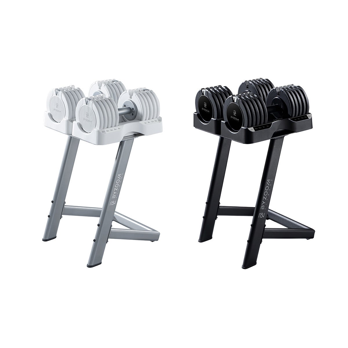 BYZOOM PureSeries 可変式ダンベル 20kg ホワイトとブラックを専用スタンドにのせた状態